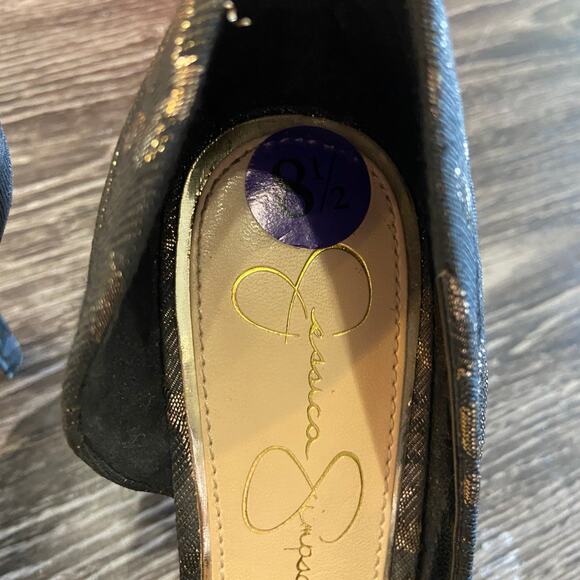 Jessica Simpson Livvy Pointed Toe Pumps Black Gold Foil Floral Print Size 8.5 - Picture 8 of 12